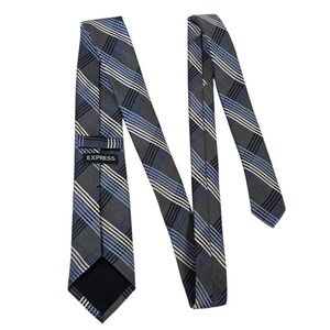 Express Mens Necktie Gray Blue Plaid Silk Long Woven Embroidered Preppy‎ College